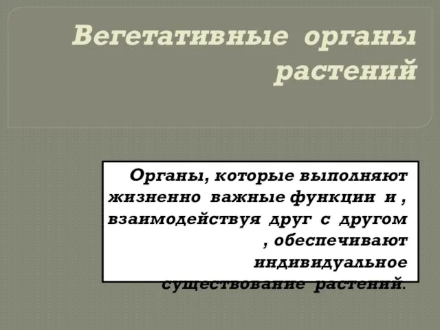 Вегетативные органы растений Органы, которые выполняют жизненно важные функции и , взаимодействуя