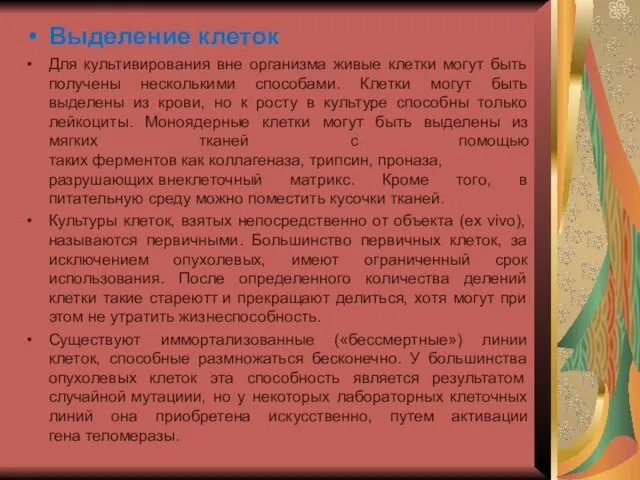 Выделение клеток Для культивирования вне организма живые клетки могут быть получены несколькими