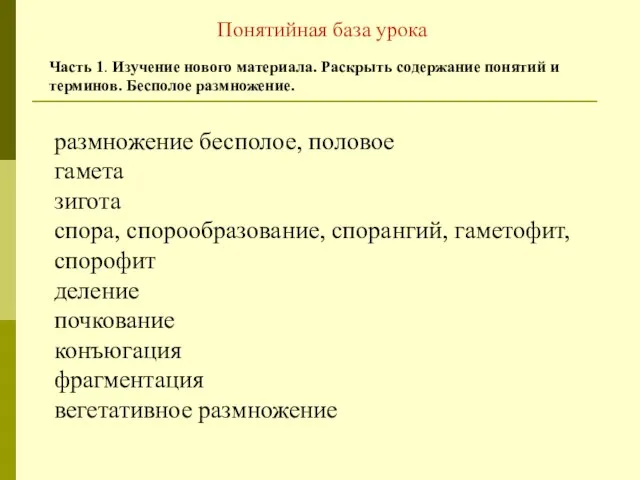 размножение бесполое, половое гамета зигота спора, спорообразование, спорангий, гаметофит, спорофит деление почкование