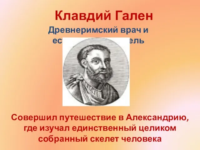 Клавдий Гален Древнеримский врач и естествоиспытатель Совершил путешествие в Александрию, где изучал