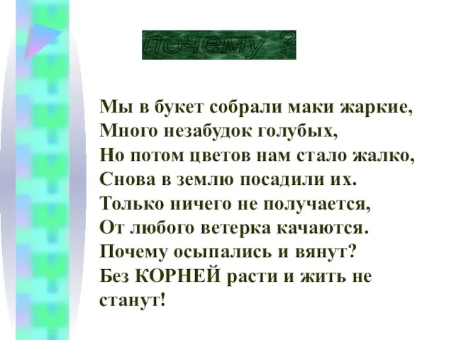 Мы в букет собрали маки жаркие, Много незабудок голубых, Но потом цветов