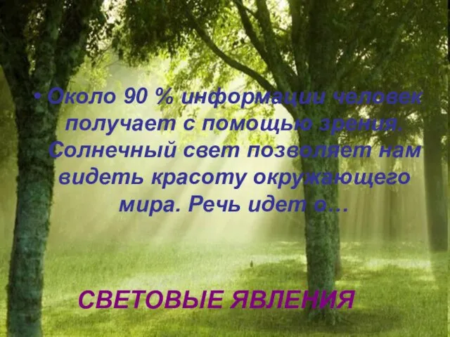 СВЕТОВЫЕ ЯВЛЕНИЯ Около 90 % информации человек получает с помощью зрения. Солнечный