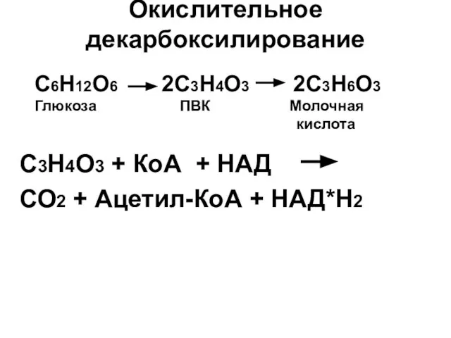 Окислительное декарбоксилирование С3Н4О3 + КоА + НАД СО2 + Ацетил-КоА + НАД*Н2