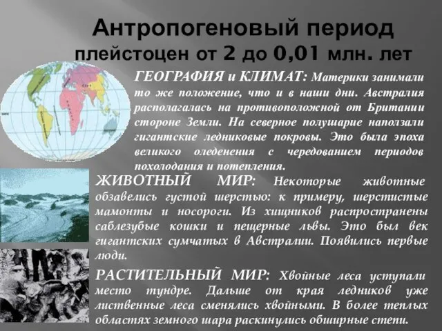 Антропогеновый период плейстоцен от 2 до 0,01 млн. лет ЖИВОТНЫЙ МИР: Некоторые