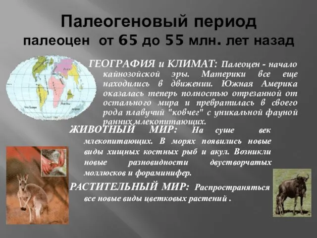 Палеогеновый период палеоцен от 65 до 55 млн. лет назад ГЕОГРАФИЯ и