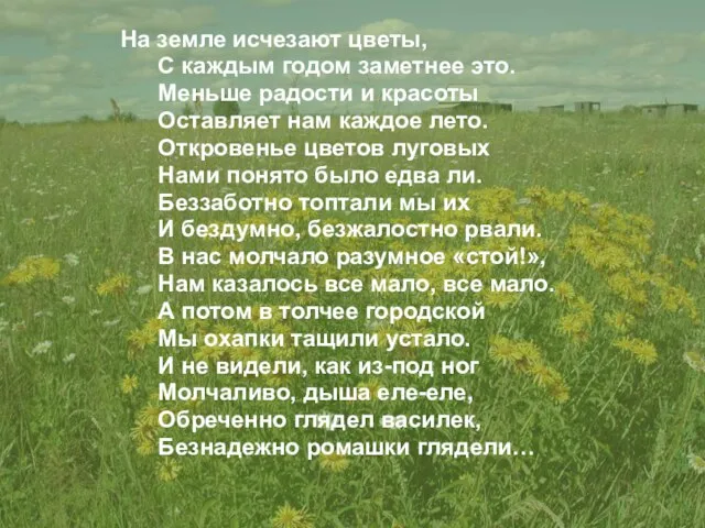 На земле исчезают цветы, С каждым годом заметнее это. Меньше радости и