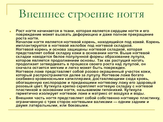 Внешнее строение ногтя Рост ногтя начинается в ткани, которая является сердцем ногтя