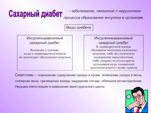 – заболевание, связанное с нарушением процесса образования инсулина в организме Виды диабета