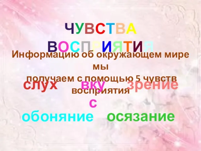 ЧУВСТВА ВОСПРИЯТИЯ Информацию об окружающем мире мы получаем с помощью 5 чувств