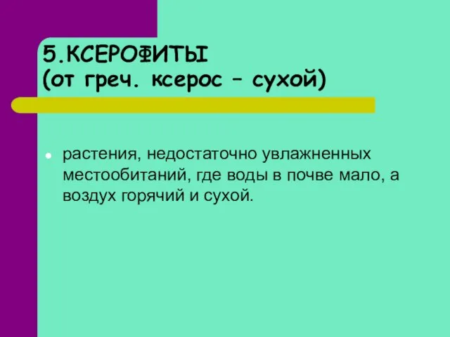 5.КСЕРОФИТЫ (от греч. ксерос – сухой) растения, недостаточно увлажненных местообитаний, где воды