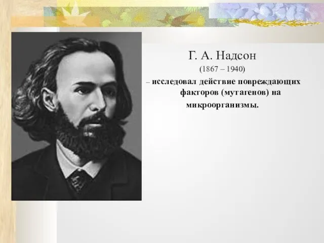 Г. А. Надсон (1867 – 1940) – исследовал действие повреждающих факторов (мутагенов) на микроорганизмы.