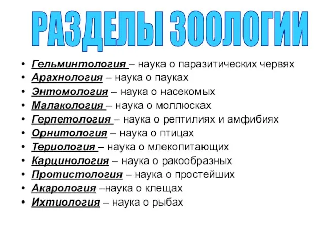 РАЗДЕЛЫ ЗООЛОГИИ Гельминтология – наука о паразитических червях Арахнология – наука о