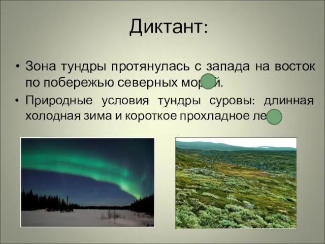 Диктант: Зона тундры протянулась с запада на восток по побережью северных морей.