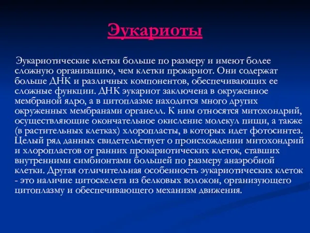 Эукариоты Эукариотические клетки больше по размеру и имеют более сложную организацию, чем