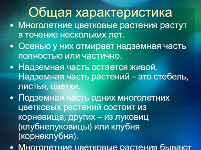 Общая характеристика Многолетние цветковые растения растут в течение нескольких лет. Осенью у