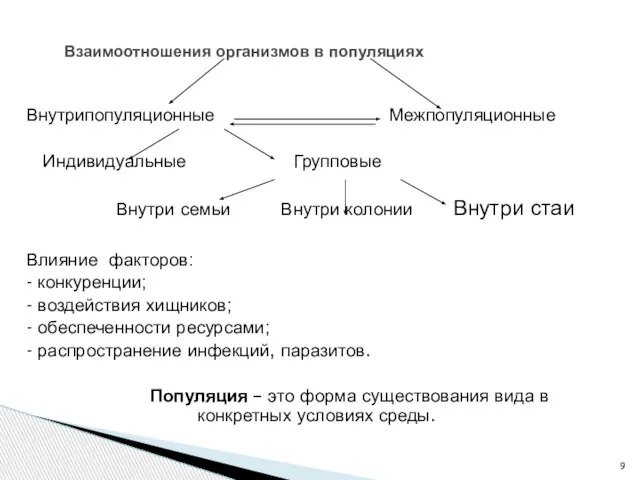 Внутрипопуляционные Межпопуляционные Индивидуальные Групповые Внутри семьи Внутри колонии Внутри стаи Влияние факторов: