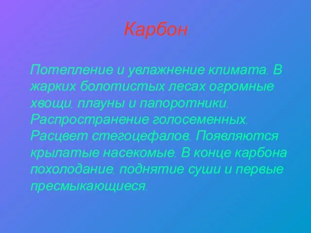 Карбон Потепление и увлажнение климата. В жарких болотистых лесах огромные хвощи, плауны