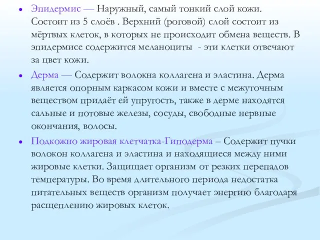 Эпидермис — Наружный, самый тонкий слой кожи. Состоит из 5 слоёв .