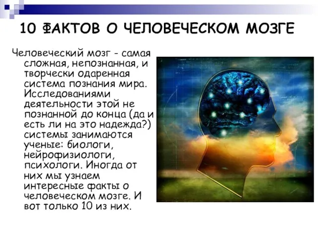 10 ФАКТОВ О ЧЕЛОВЕЧЕСКОМ МОЗГЕ Человеческий мозг - самая сложная, непознанная, и