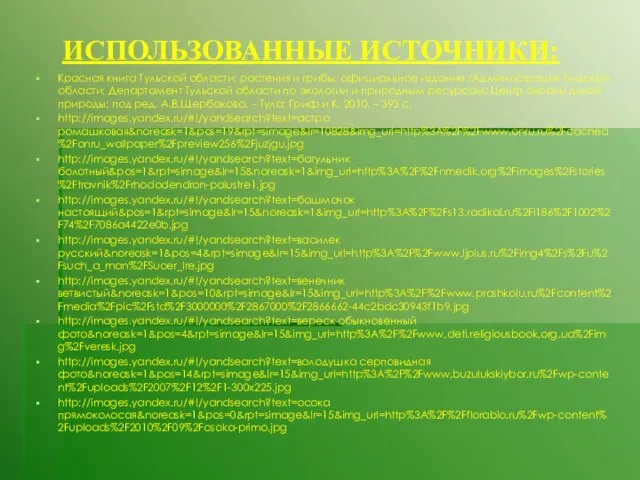 ИСПОЛЬЗОВАННЫЕ ИСТОЧНИКИ: Красная книга Тульской области: растения и грибы: официальное издание /Администрация