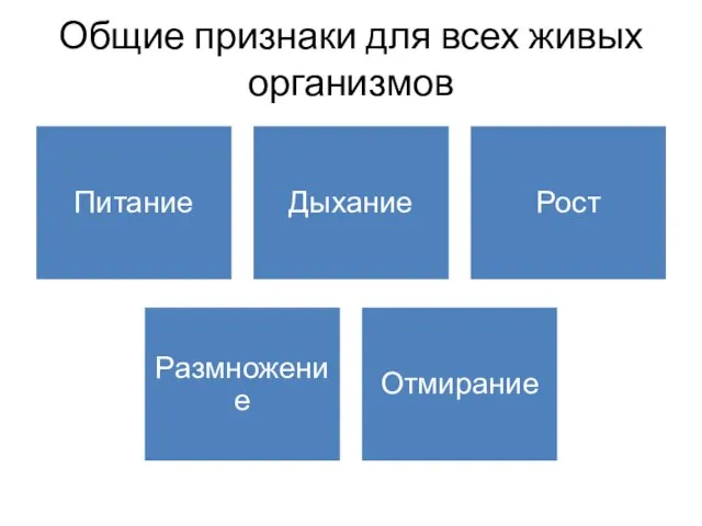 Общие признаки для всех живых организмов Питание Дыхание Рост Размножение Отмирание