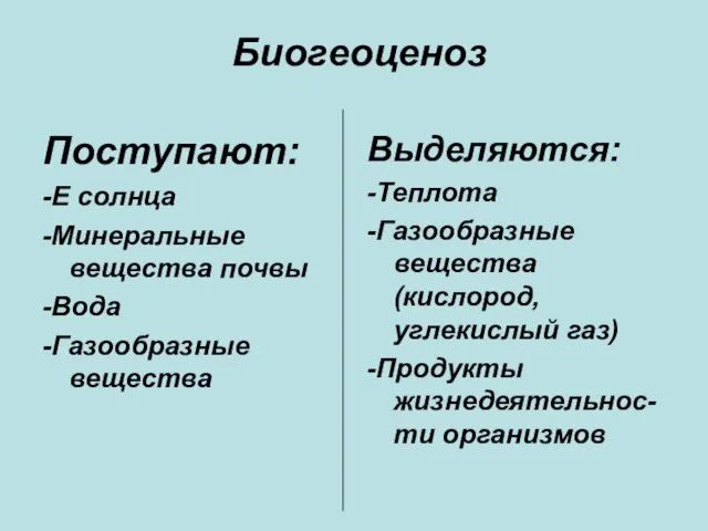 Биогеоценоз Поступают: -Е солнца -Минеральные вещества почвы -Вода -Газообразные вещества Выделяются: -Теплота