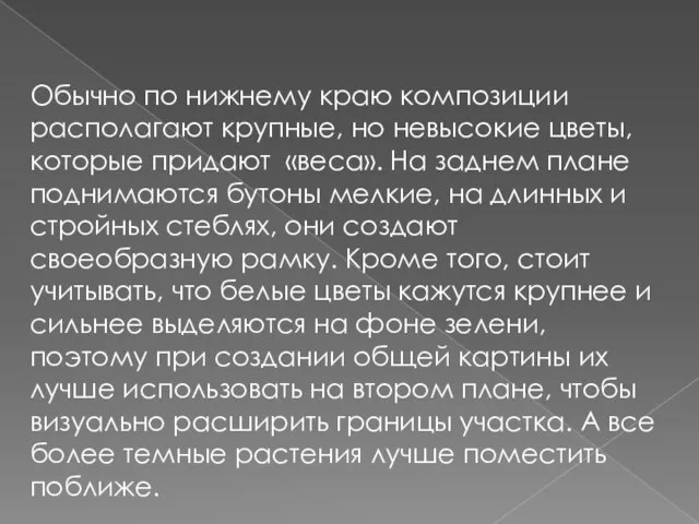 Обычно по нижнему краю композиции располагают крупные, но невысокие цветы, которые придают