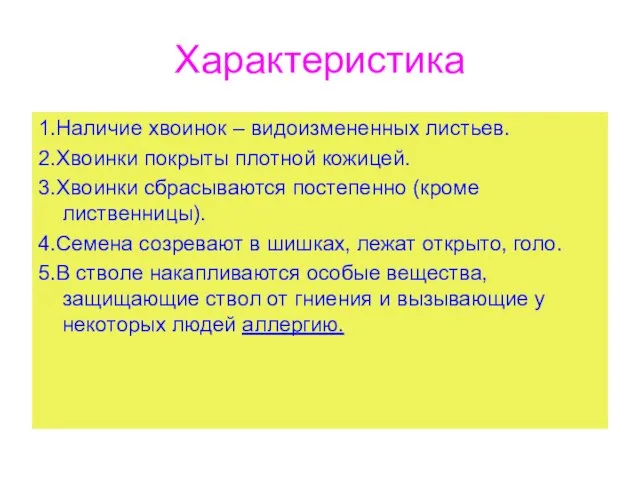 Характеристика 1.Наличие хвоинок – видоизмененных листьев. 2.Хвоинки покрыты плотной кожицей. 3.Хвоинки сбрасываются