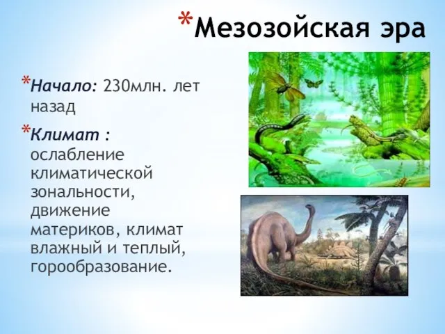 Мезозойская эра Начало: 230млн. лет назад Климат : ослабление климатической зональности, движение