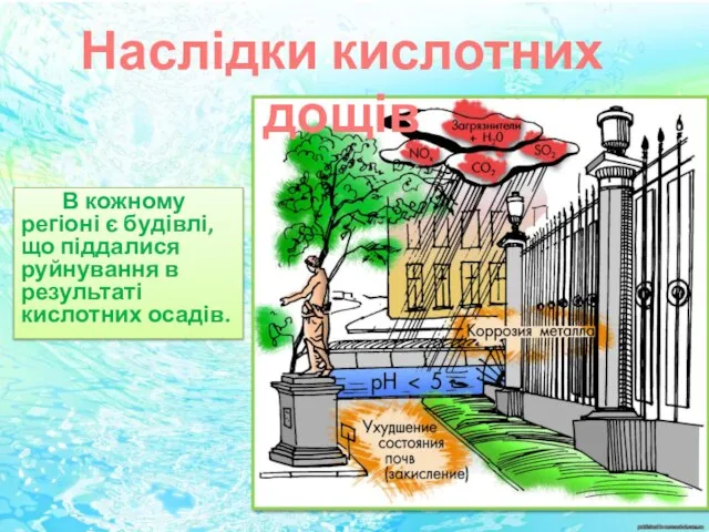 В кожному регіоні є будівлі, що піддалися руйнування в результаті кислотних осадів. Наслідки кислотних дощів