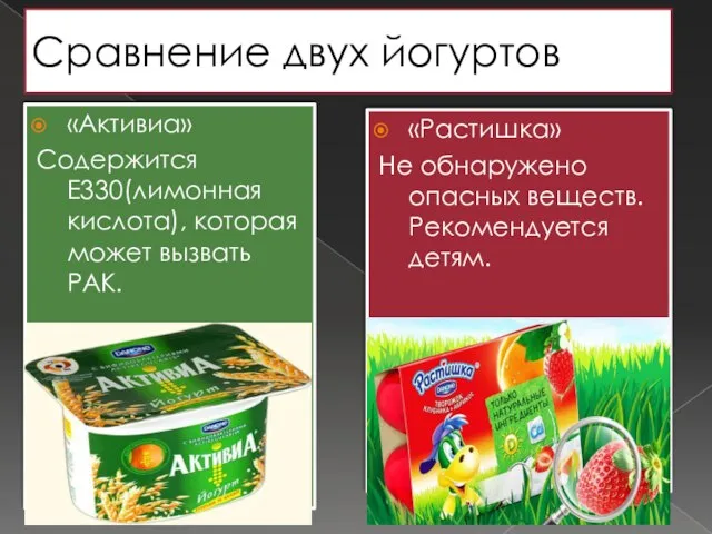 Сравнение двух йогуртов «Активиа» Содержится Е330(лимонная кислота), которая может вызвать РАК. «Растишка»