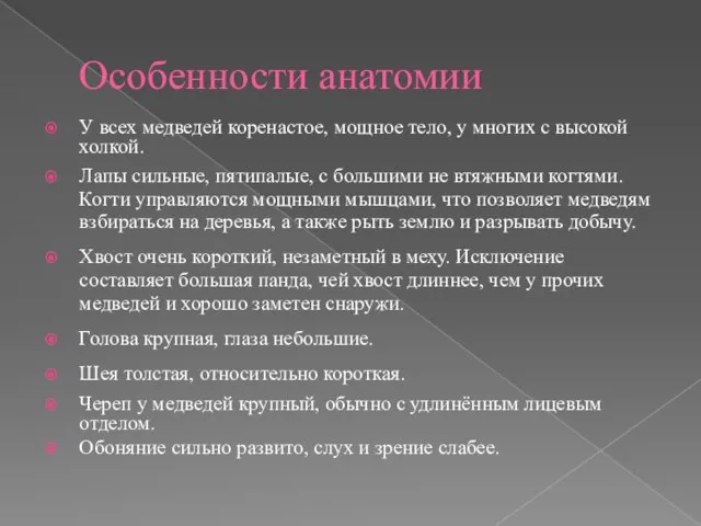 Особенности анатомии У всех медведей коренастое, мощное тело, у многих с высокой