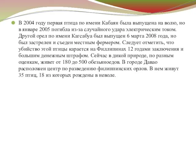 В 2004 году первая птица по имени Кабаян была выпущена на волю,