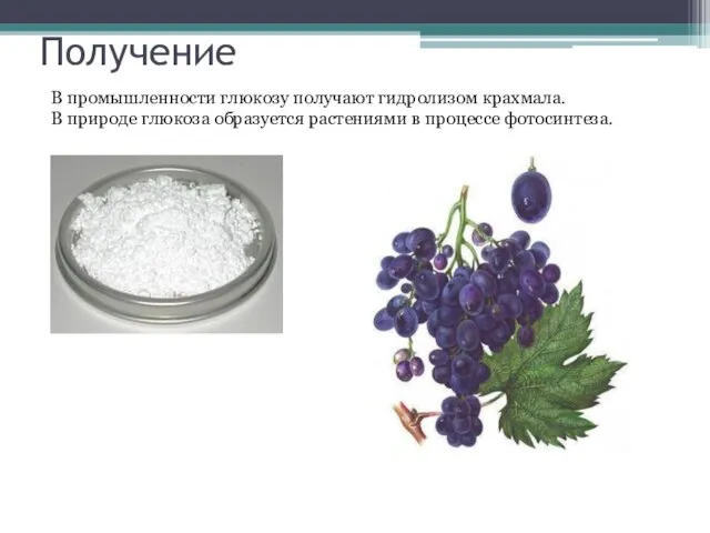 Получение В промышленности глюкозу получают гидролизом крахмала. В природе глюкоза образуется растениями в процессе фотосинтеза.