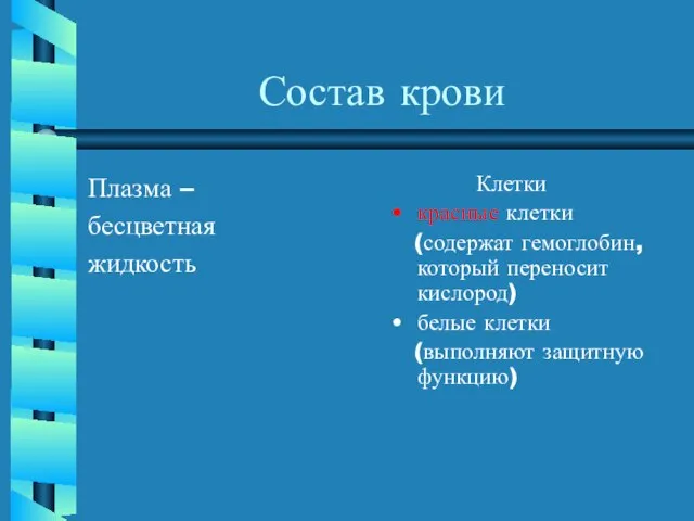 Состав крови Плазма – бесцветная жидкость Клетки красные клетки (содержат гемоглобин, который