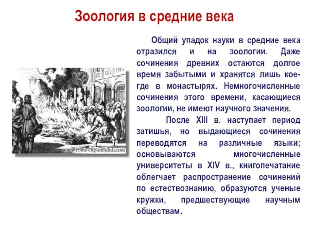 Зоология в средние века Общий упадок науки в средние века отразился и