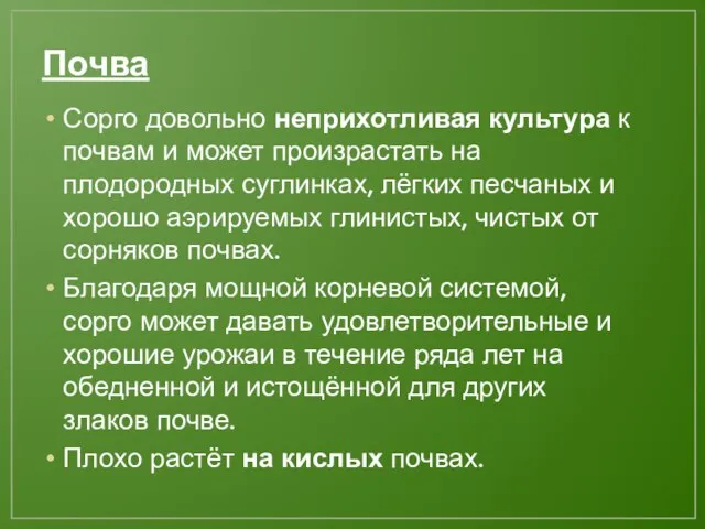 Почва Сорго довольно неприхотливая культура к почвам и может произрастать на плодородных