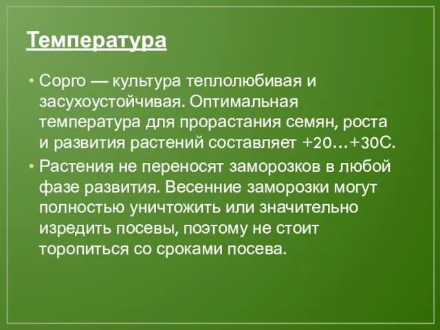 Температура Сорго — культура теплолюбивая и засухоустойчивая. Оптимальная температура для прорастания семян,