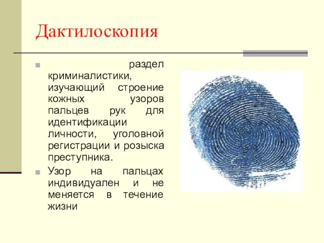 Дактилоскопия раздел криминалистики, изучающий строение кожных узоров пальцев рук для идентификации личности,