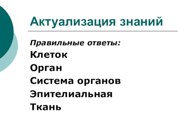 Актуализация знаний Правильные ответы: Клеток Орган Система органов Эпителиальная Ткань