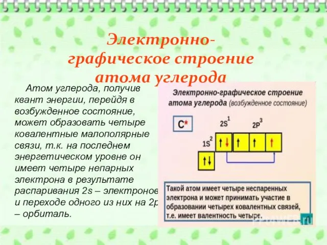 Атом углерода, получив квант энергии, перейдя в возбужденное состояние, может образовать четыре