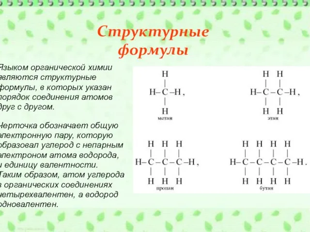 Языком органической химии являются структурные формулы, в которых указан порядок соединения атомов