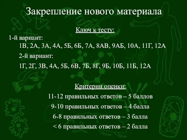 Закрепление нового материала Ключ к тесту: 1-й вариант: 1В, 2А, 3А, 4А,