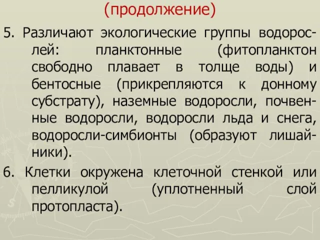 (продолжение) 5. Различают экологические группы водорос-лей: планктонные (фитопланктон свободно плавает в толще