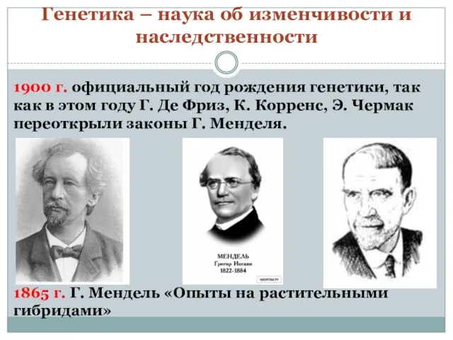 Генетика – наука об изменчивости и наследственности 1900 г. официальный год рождения