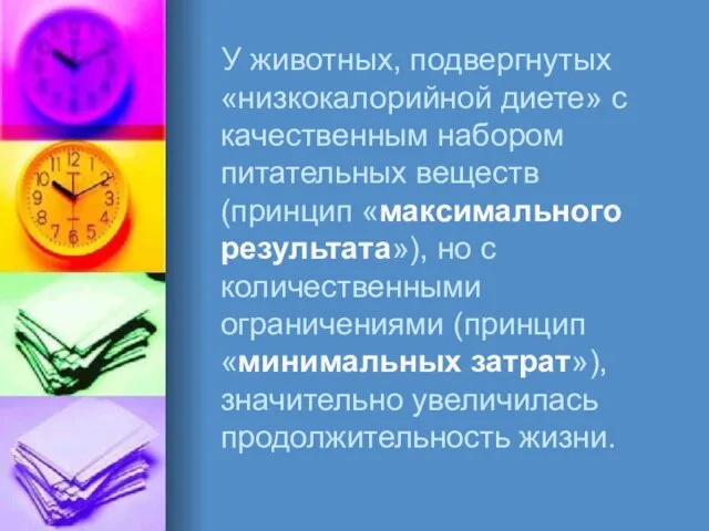 У животных, подвергнутых «низкокалорийной диете» с качественным набором питательных веществ (принцип «максимального