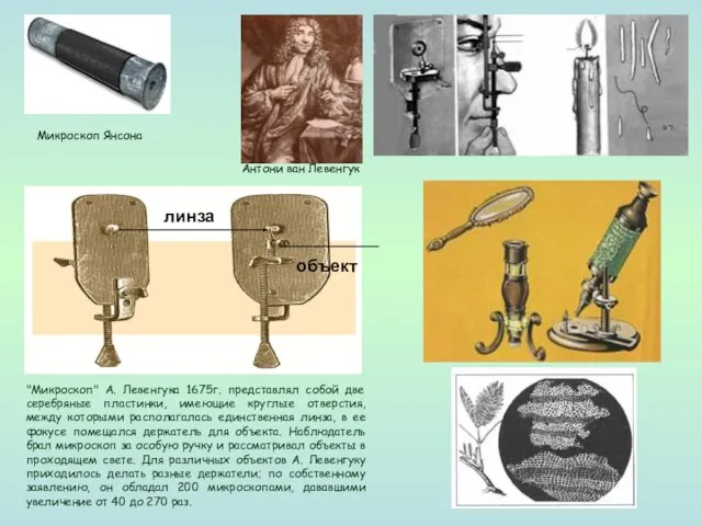 "Микроскоп" А. Левенгука 1675г. представлял собой две серебряные пластинки, имеющие круглые отверстия,