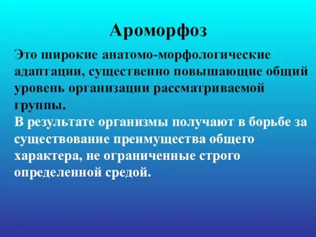 Ароморфоз Это широкие анатомо-морфологические адаптации, существенно повышающие общий уровень организации рассматриваемой группы.