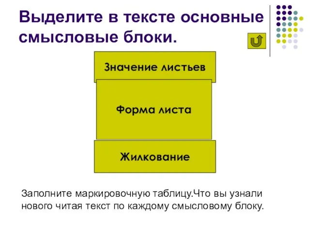 Выделите в тексте основные смысловые блоки. Значение листьев Жилкование Форма листа Заполните