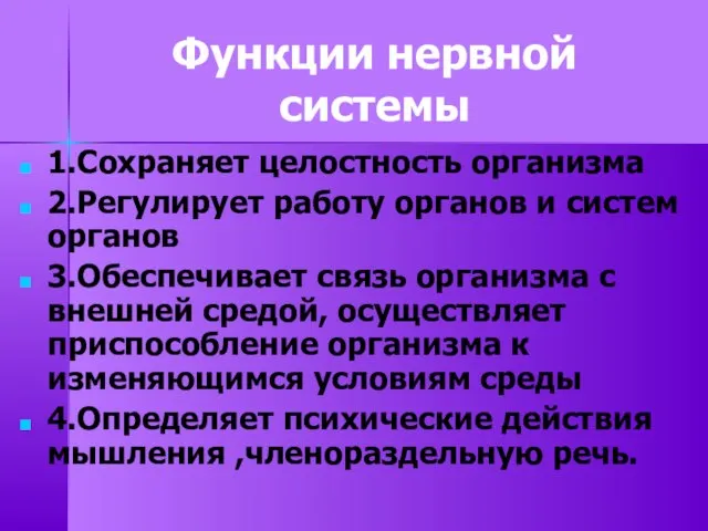 Функции нервной системы 1.Сохраняет целостность организма 2.Регулирует работу органов и систем органов